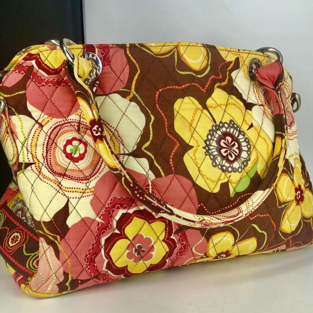 Vera Bradley Purse ~ Brown/Pink/Yellow Floral Print~ Zip Closure ~ 2-Handle Bag